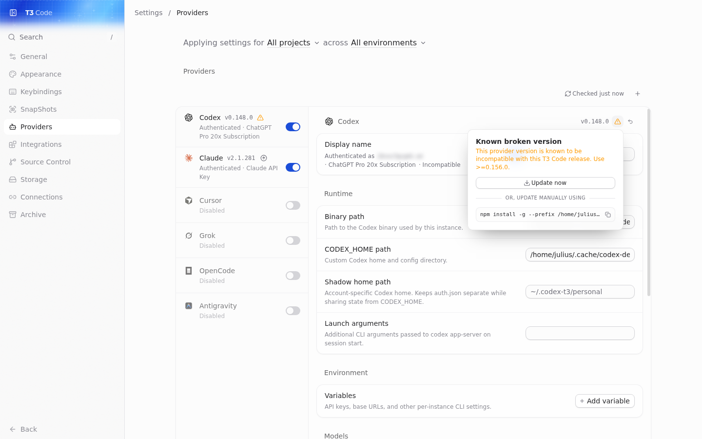 Provider settings: Known broken version popover
