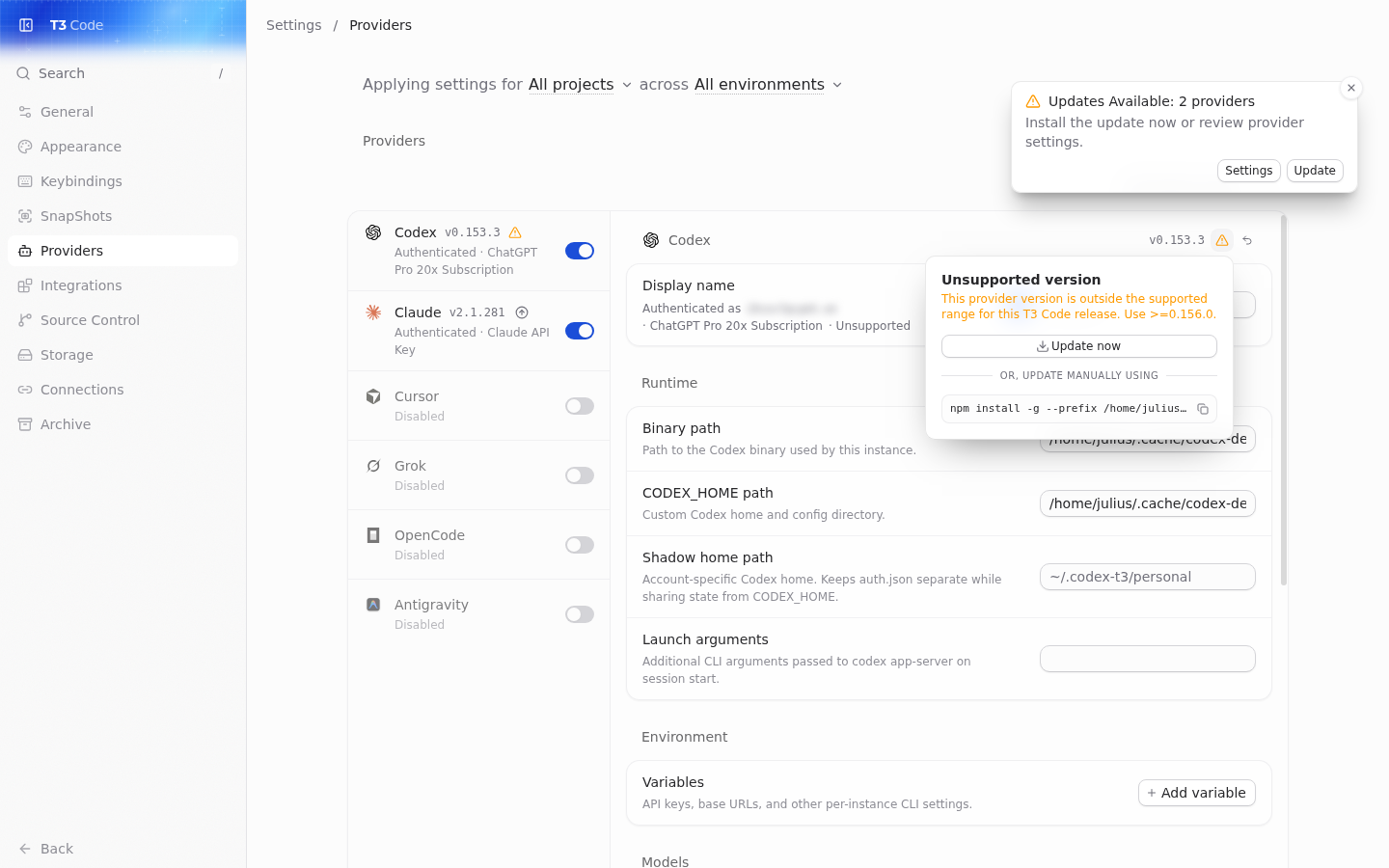 Provider settings: Unsupported version popover with Update now