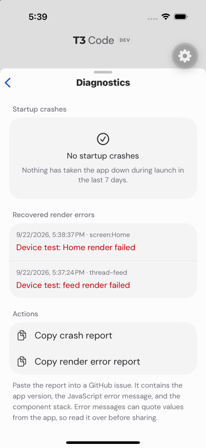 Diagnostics lists the recovered Home and feed render errors during the same app session