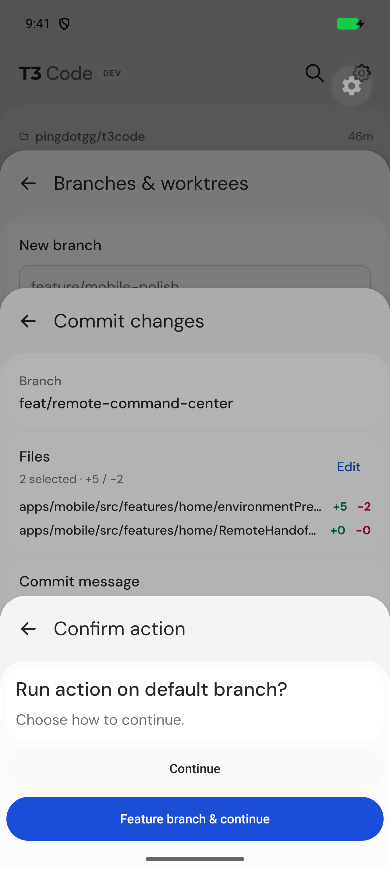 After revert: Android Confirm action sheet shows title, description, and both actions