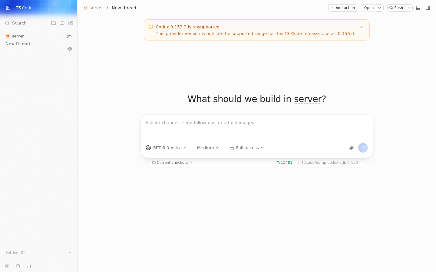 Chat banner: Codex 0.153.3 is unsupported, use >=0.156.0
