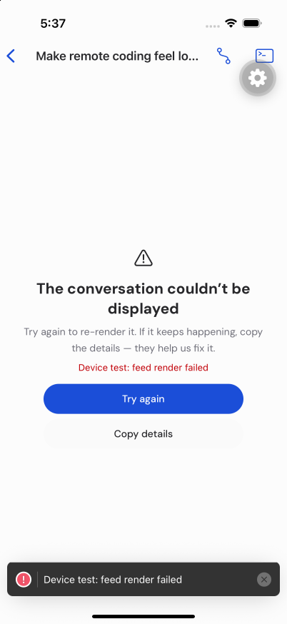 Before retry: the iOS feed fallback shows the failure and recovery actions while the thread header and composer remain
