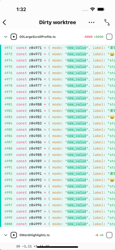 Syntax colors and word-change backgrounds near the end of the 10,000-row diff