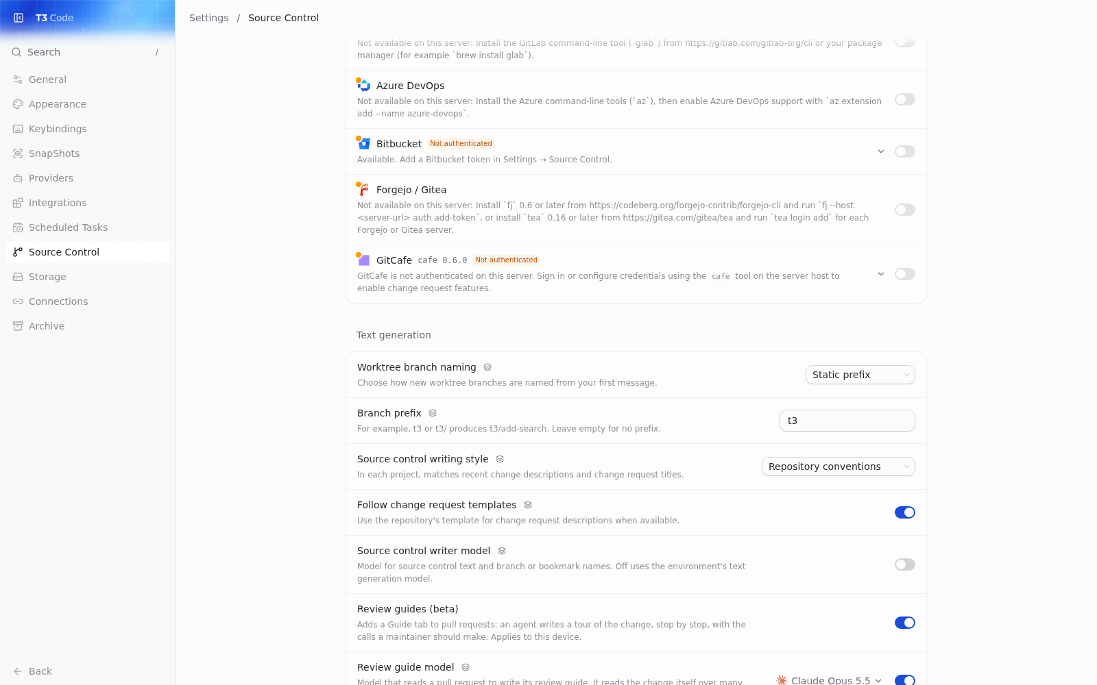 Settings ā Source Control: the "Review guides (beta)" switch, with the guide model and instructions rows below it