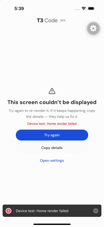 Post-paint Home render failure: recovery view offers Try again, Copy details, and Open settings
