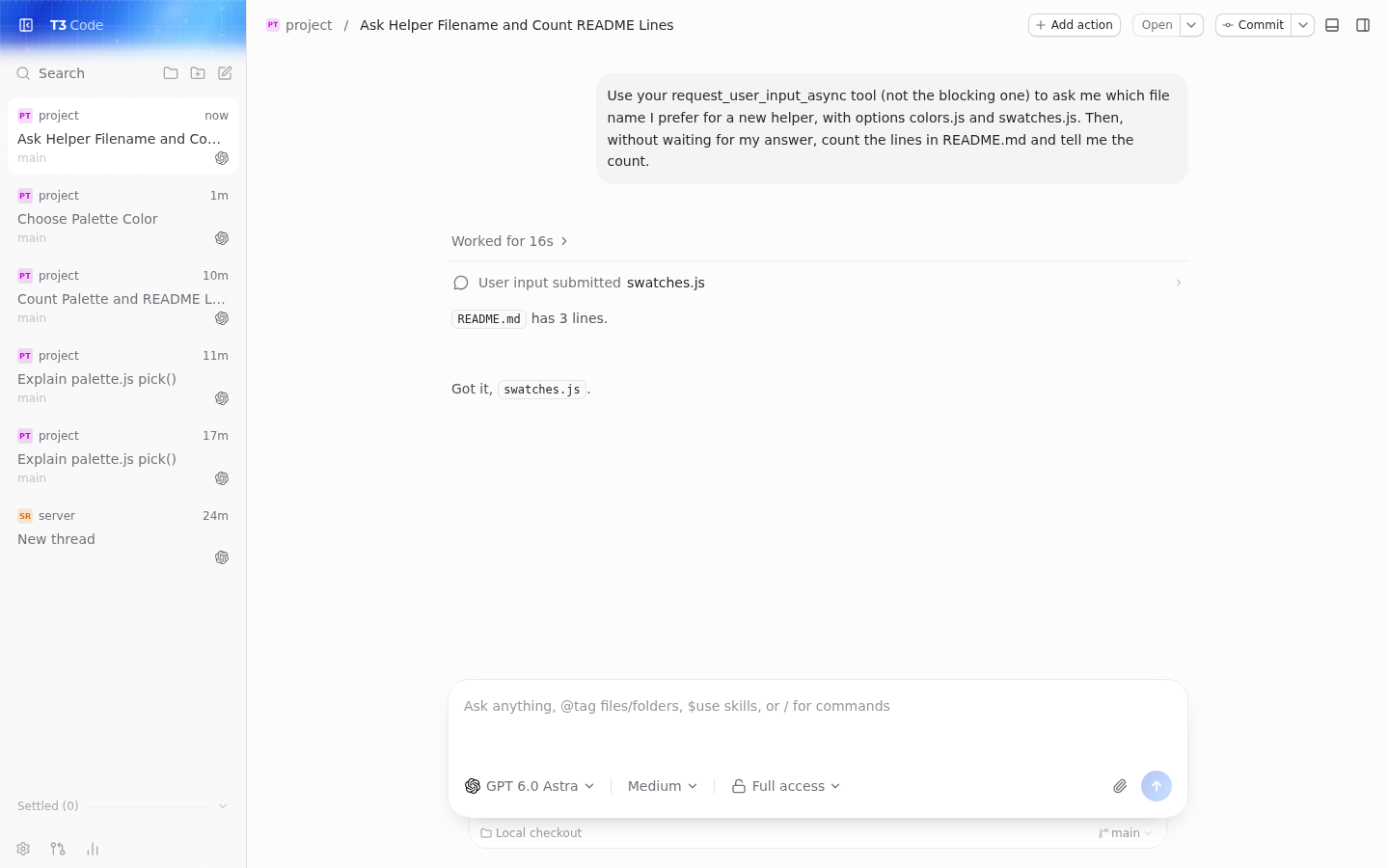 Answer swatches.js delivered as a new turn
