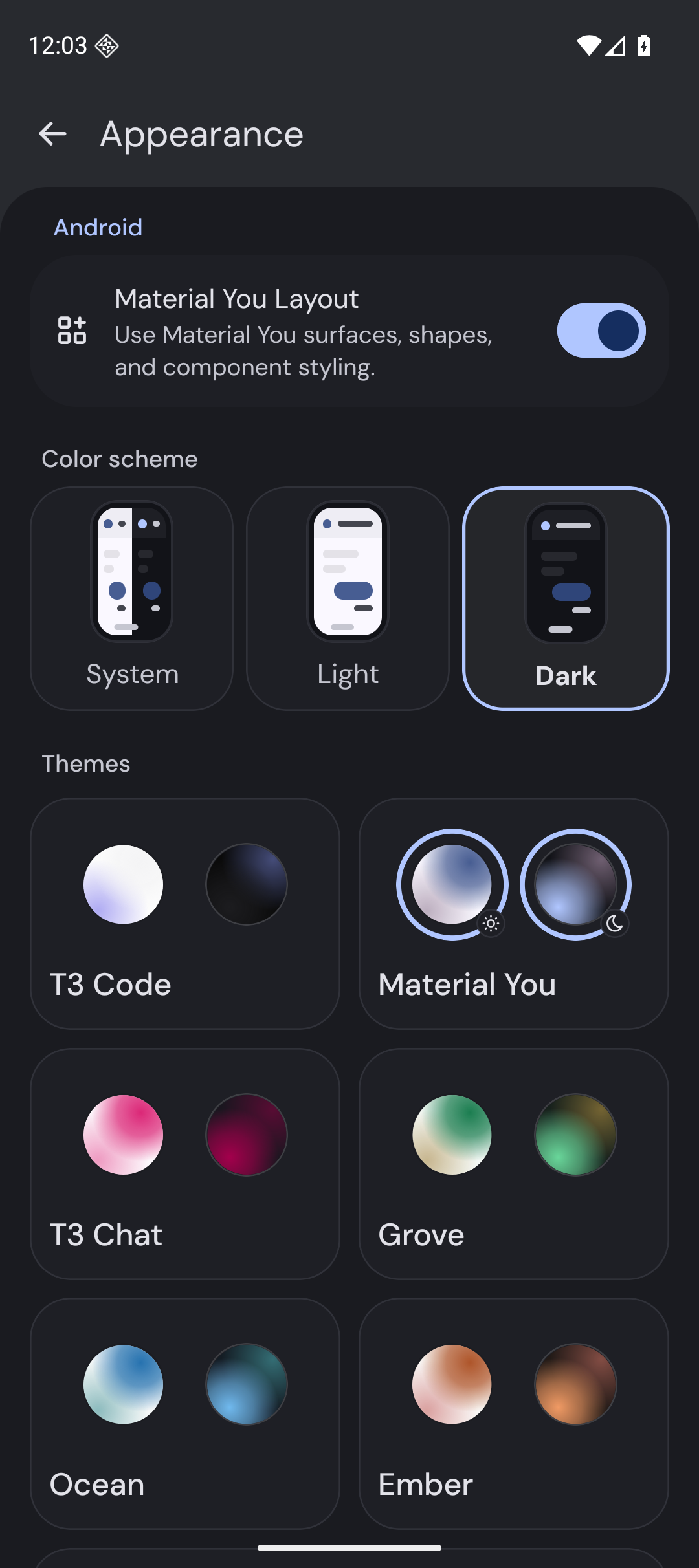 After: phone Appearance with native Material switch and top bar