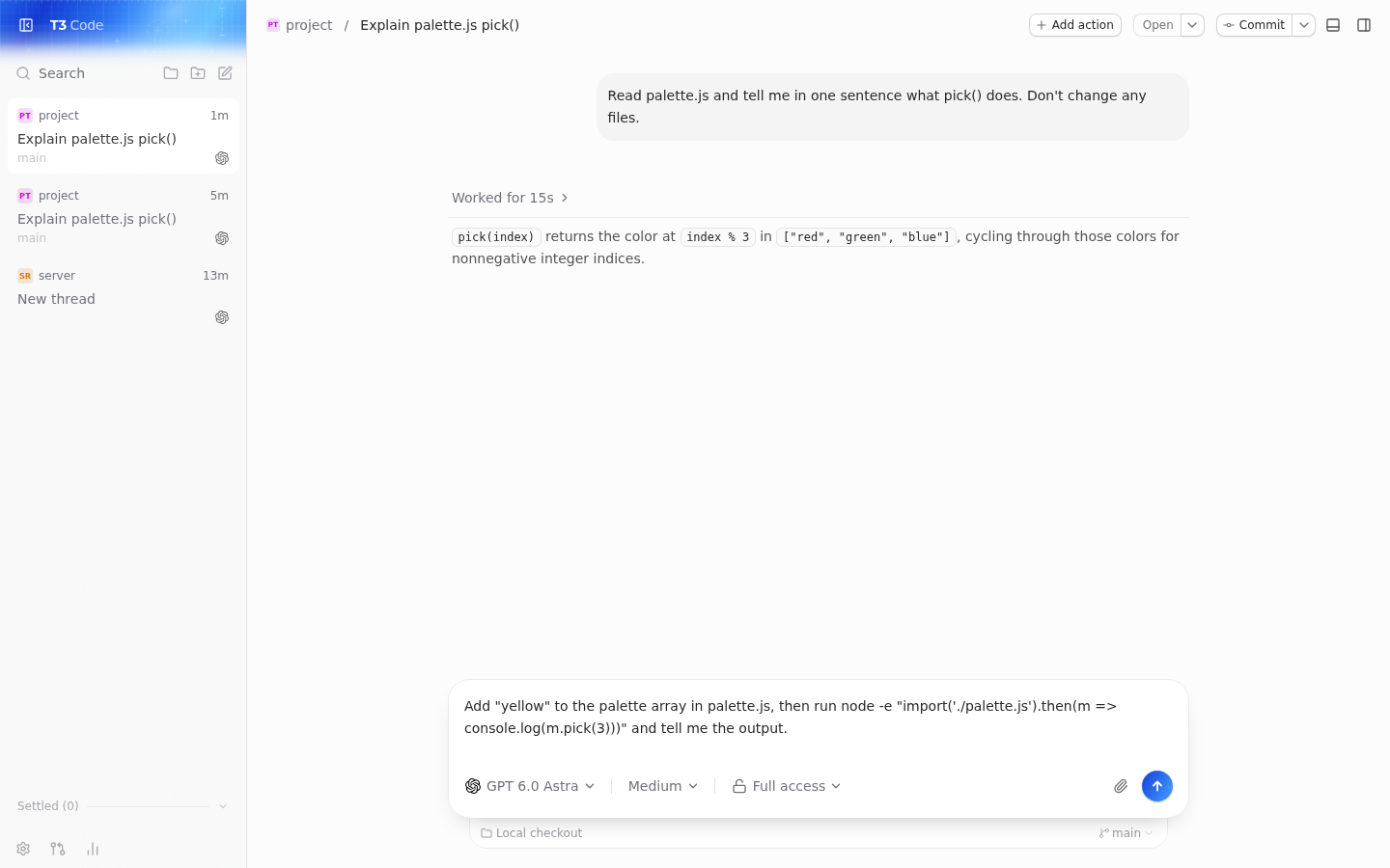 Only the first turn remains; the prompt is back in the composer