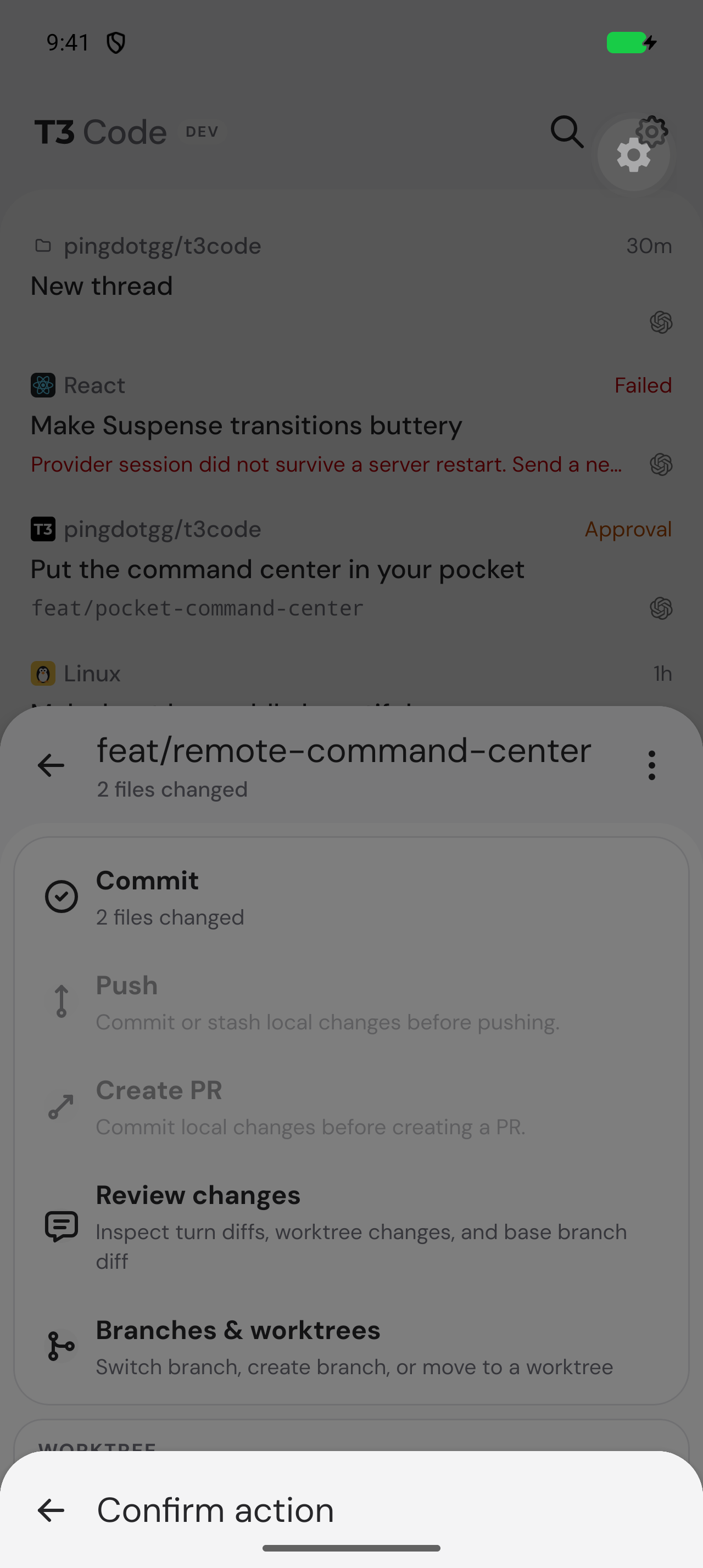 Before revert: Android Confirm action sheet has only its header; its body and buttons are blank